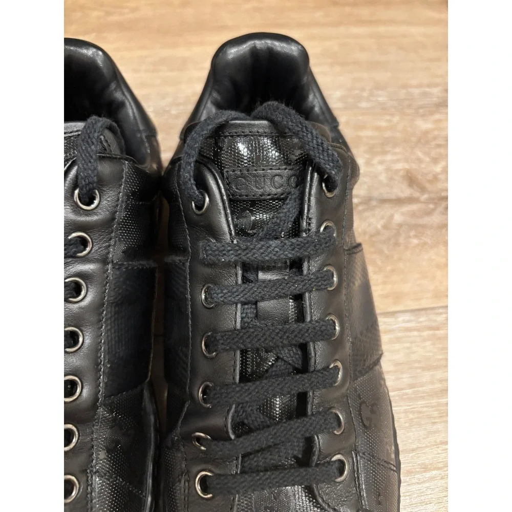 Gucci GG Embossed Leather Sneakers Low Top Lace Up Black Designer Shoes - Picture 2 of 14